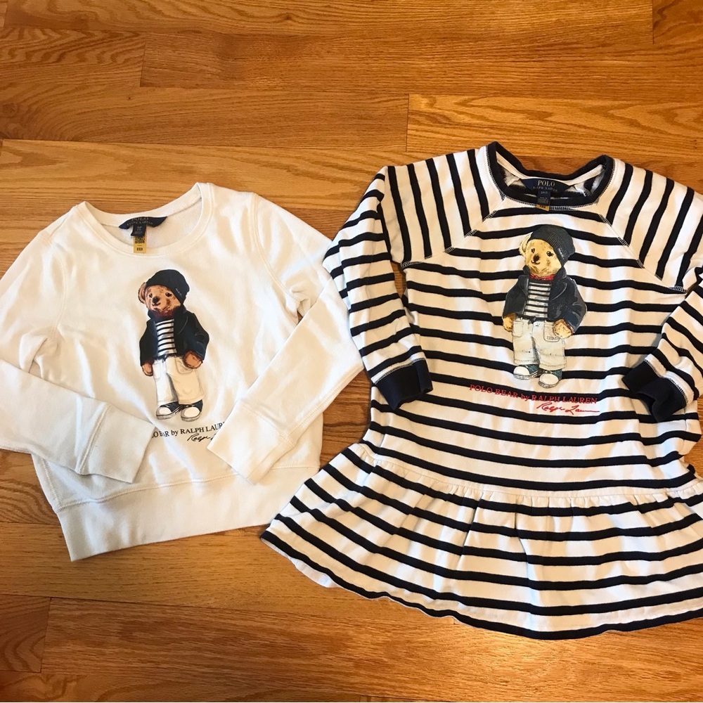 Ralph Lauren Kids White Bear Sweatshirt / Navy Stripe Bear Dress